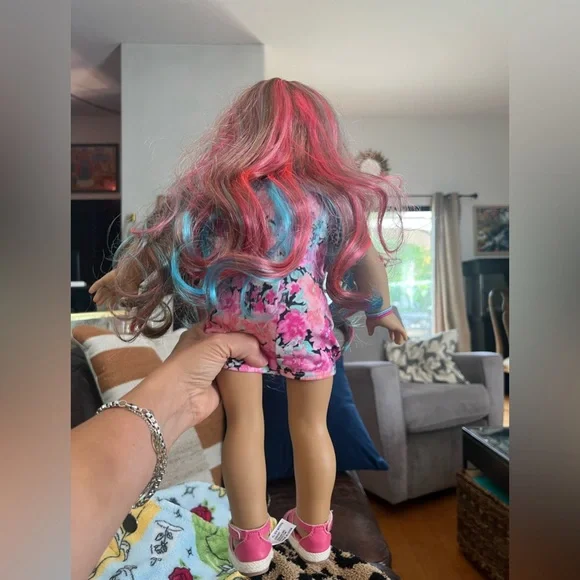 American Girl Doll with Pink and Blue Floral Dress - Picture 4 of 4